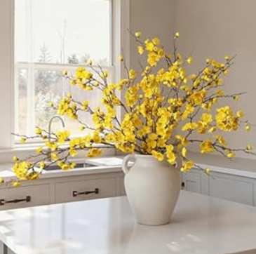 6 PCS Artificial Cherry Blossom Branches Spring Indoor Decoration, Faux Flowers 34.45" Long Stems Plum Fake Peach Plants Real Touch Silk for Wedding Home Bedroom Party Table Office, Yellow