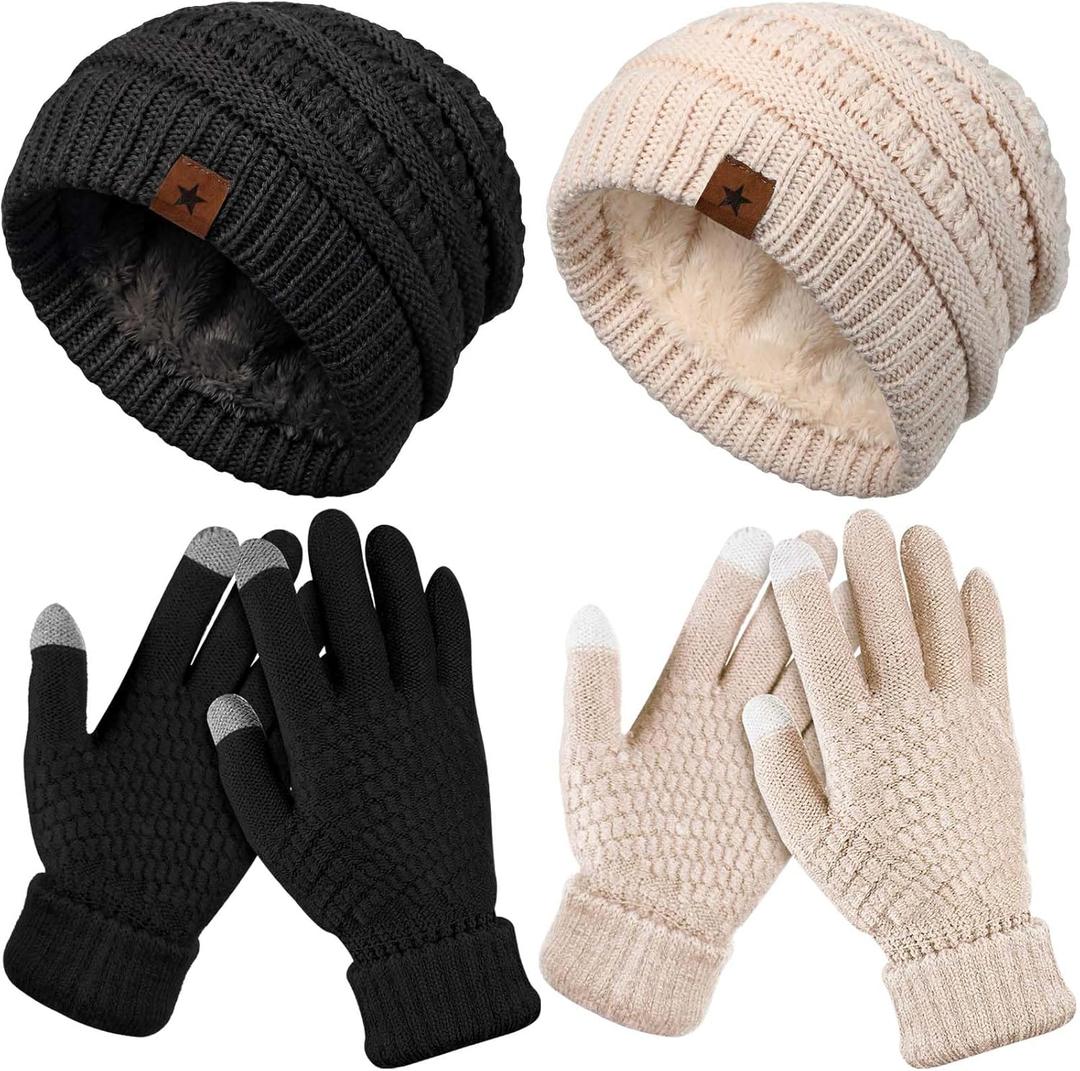 4 Pcs Winter Hat and Gloves for Women Fleece Lined Knit Beanie Touchscreen Gloves Warm Skull Hat Set for Cold Weather(Black, Beige)
