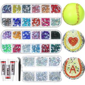 Bling Bedazzling Rhinestones Softballs DIY Craft Kit, Include 3 Pcs 9 Inch Softballs Multicolor Flatback with Tweezers Jewelry Glue Gift for Boyfriend Lover (Fluorescent Green)