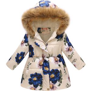 Girl's Winter Coat Jacket Hooded Kids Toddler Flower Print Parka Outwear Warm Cotton Puffer Hooded Jacket, Size: 8-9 Years