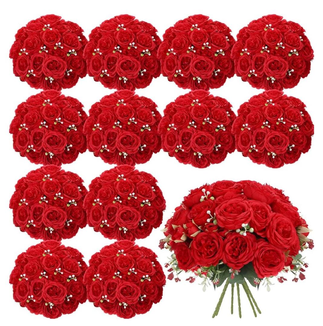 Geosar 16 Bundles Artificial Peonies Flowers Fake Silk Peony Bouquet Faux Peonies Flowers Bulk for Decoration Vase Floral Arrangements Wedding Party Table (Bright Red)