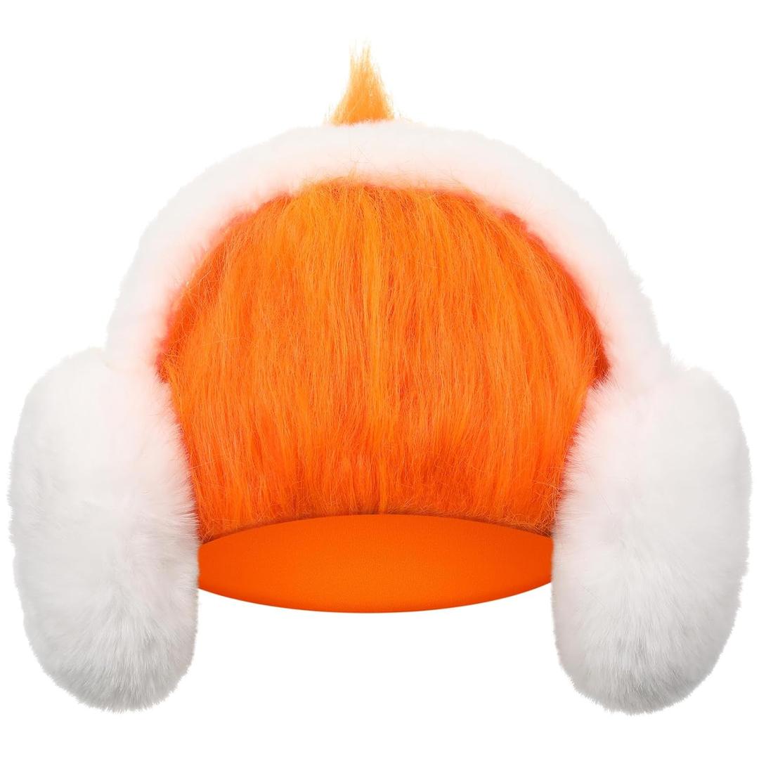 Unisex Orange Wig with White Ear Muffs Funny Crazy Wigs Hair Halloween Hairy Costume for Adults Mardi Gras Party