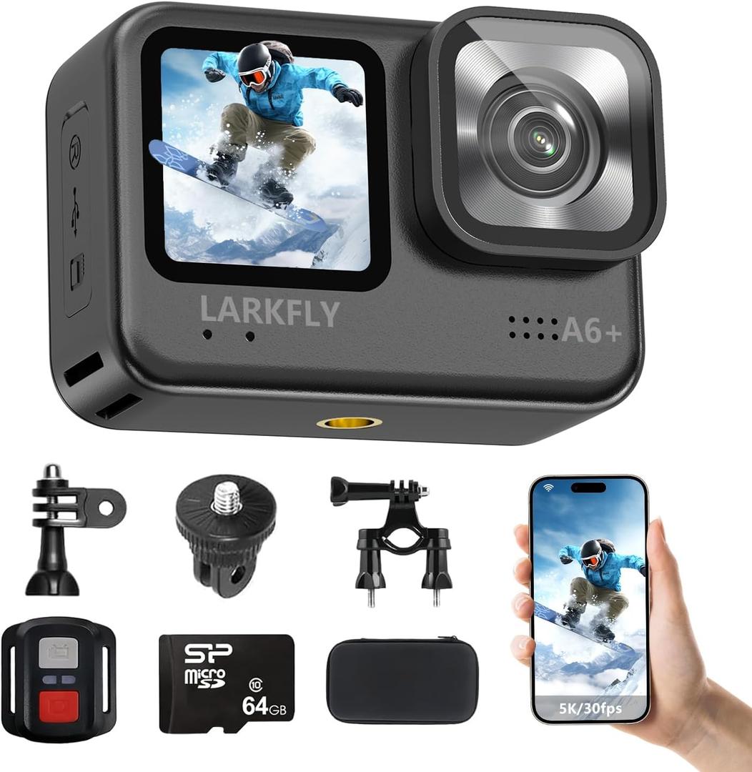 Action Camera, 5K/30fps Waterproof Action Camera, with APP & WiFi Control, 1/1.3" Sensor, EIS Anti-Shake, Subject Tracking, Includes 64GB Card, Vlogging Camera Ideal for Sports & Adventure