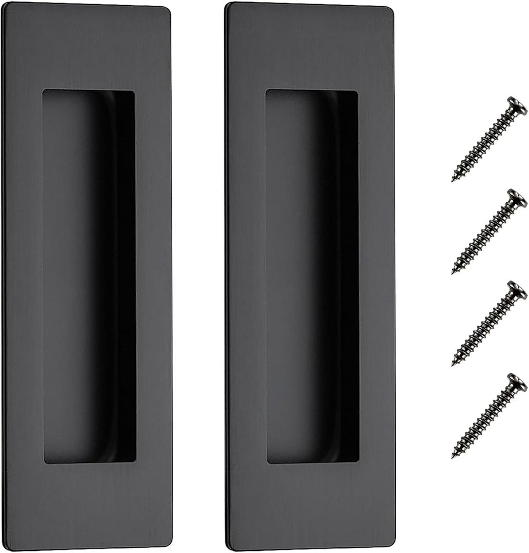 JOY DECOR 2 Pack Pocket Door Handles, 5.9" Rectangular Recessed Pulls for Sliding Closet and Barn Doors, Black Flush Finger Pulls