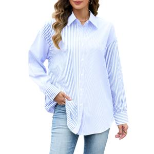 Women's Shirts Fashion Casual Loose Fit Long Sleeve Button Down Lightweight Collared Blouse Tops Blue (M)