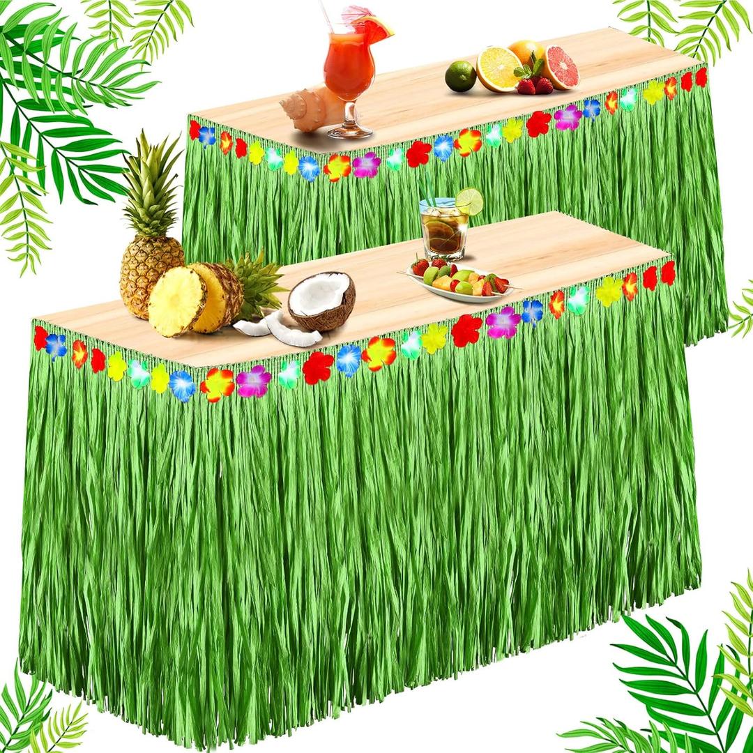 Hawaiian Luau Grass Table Skirt 9 Feet x 30 Inches Raffia Table Skirt Tiki Bar Table Decoration with Hibiscus Flowers for Tropical Hawaiian Luau Party Costume Party Decorations(Green,2 Pack)