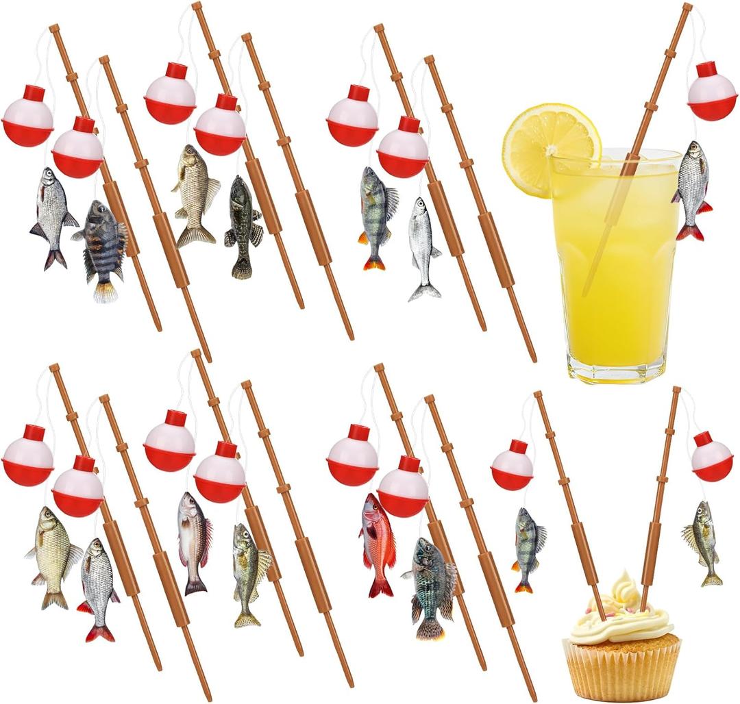 Reallnaive 24 Pcs Fishing Float Cupcake Toppers Fisherman Pole Picks Party Supplies Bulk, 3D Fish Bobber Push Button Round Buoy Floats for Fishing Birthday Party Decorations (Bobber, Fish)