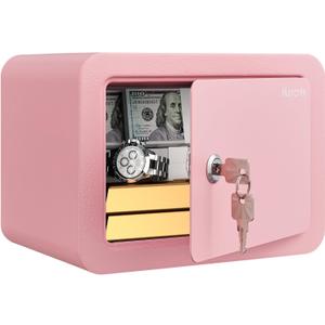 Marcree 0.23 Cubic Small Safe Box for Home, Mini Safes for Kids, Pink Safe with Key, Security Cabinet Safes with Cutting-edge Bending, Lock Box with Keys for Money Cash, 6.69x 9.06x 6.69 Inches, Pink