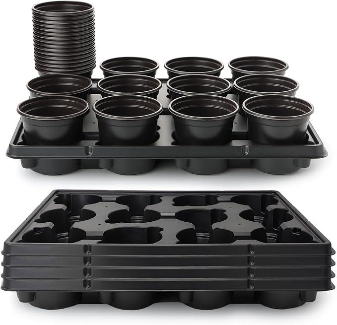 96 Pcs 4 inch Seedling Pots and 8 Pcs 12 Cell Reusable Plastic Nursery Pots Trays Thick Sturdy Seeds Starting Germination Carrying Trays Black Small Planter Nursery Propagation 8 Sets(Black)