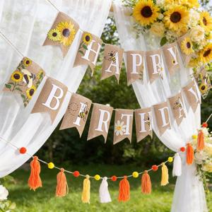 Burlap Sunflower Birthday Banners, Pre-strung Sunflower and Bee Themed Party Decorations, with Thread Tassel Garland for Women Kids Birthday decors. (Yellow White)