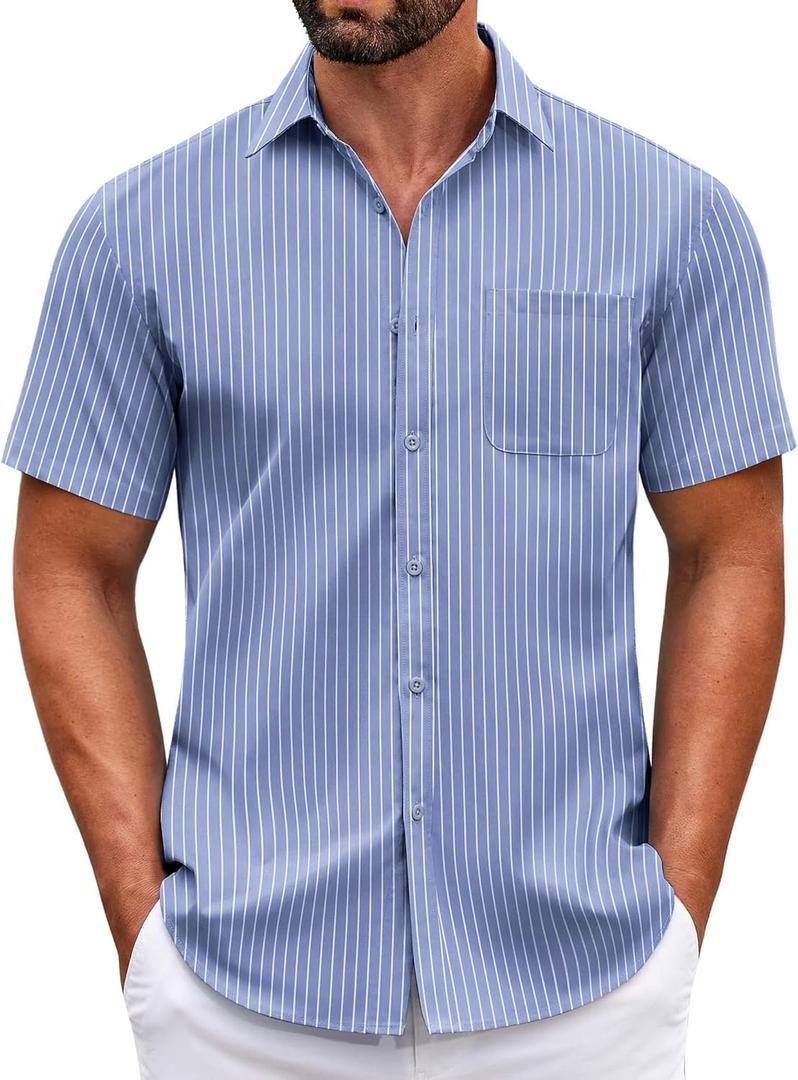 COOFANDY Mens Short Sleeve Casual Button Down Shirts Summer Untucked Dress Shirts with Pocket (Blue)