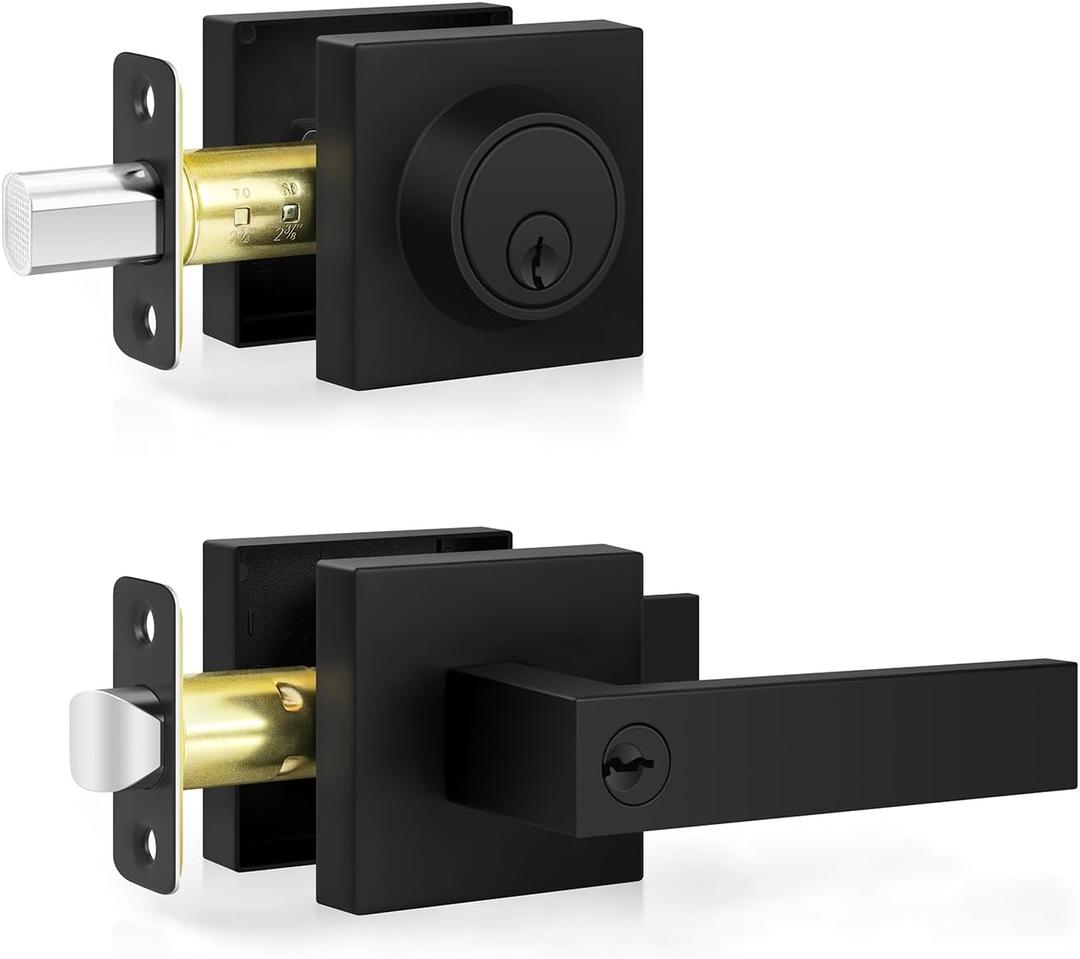 Estmoon Door Locks for Front Door, Matte Black Exterior Door Handle and Single Cylinder Deadbolt Lock, Heavy Duty Modern Square Front Door Handle and Deadbolt Set, Commercial Locks for Doors, 1 Pack