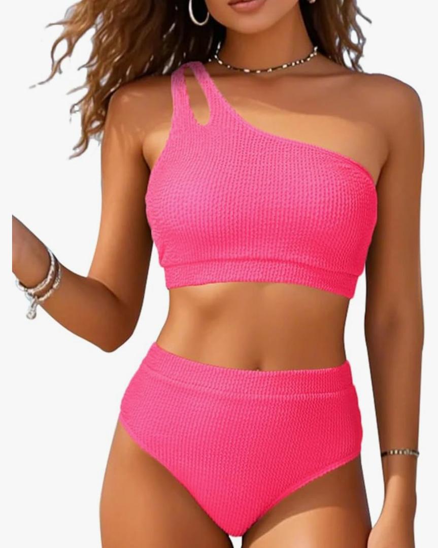 High Waisted Ribbed Bikini Swimsuit - Women Two Piece Bathing Suit One Shoulder Swimwear 2025, Pink, M