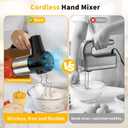 Cordless Electric Hand Mixer, 7 Speed Rechargeable Wireless Handheld Mixer with Eject Button, Long Battery, Quiet Anti-Splash, 6304 Stainless Steel Attachments & Storage Base for Baking (Black)