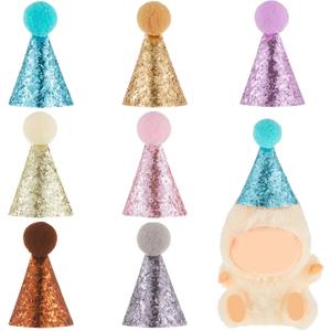 Soulchen 7 Pcs Mini Party Hats 3.15 Inch for 17cm Doll Stuffed Animals Tiny Cone Hats with Pom Poms Glitter for Doll Birthday Party Decor Costume Accessories