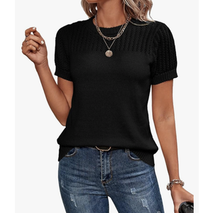 Dokotoo Womens Summer Tops Dressy Casual Crewneck Short Sleeve Shirts Solid Hollow Out Knit Loose Sweater Blouses M, Blue