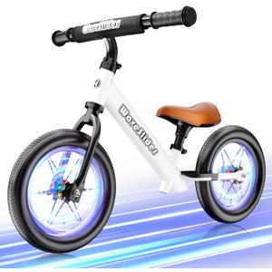 WaveSlider Colorful Lighting Balance Bike, Toddler Balance Bike 2 Year Old, No Pedal Push Bike with 12" Real Rubber Wheels, Pump, Safety Pad and Footrest, Kids Bike for Toddlers 2-5