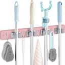 OUTNILI Pink Mop Broom Holder Wall Mount with 4 Slots & 4 Hooks - Wood Broom Mop Hanger for Pantry Closet Laundry Room Kitchen Organization - for Pink Kitchen Decor and Accessories