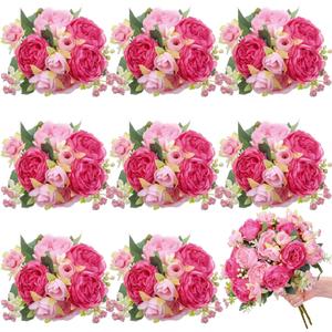 8 Bundles Artificial Peonies Flowers Boho Faux Flowers Arrangements Artificial Centerpiece Spring Bouquet Floral Wedding Decoration for Vase(Pink Series)