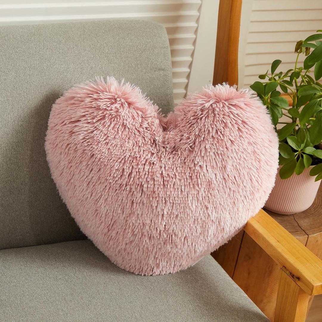 LIFEREVO Plush Heart Throw Pillow, 15"x17" Faux Fur Heart Pillow, Cute Decorative Fluffy Heart Pillow,Plush Throw Giving Pillow,Heart Shape Pillow with Insert,Ombre Pink
