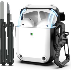 RFUNGUANGO for AirPods Case Cover, Military Grade Anti-Fall Soft TPU Shock-Absorbing Protective AirPods 2&1 Generation Case with Keychain and Cleaning Kit, Front LED Visible, White
