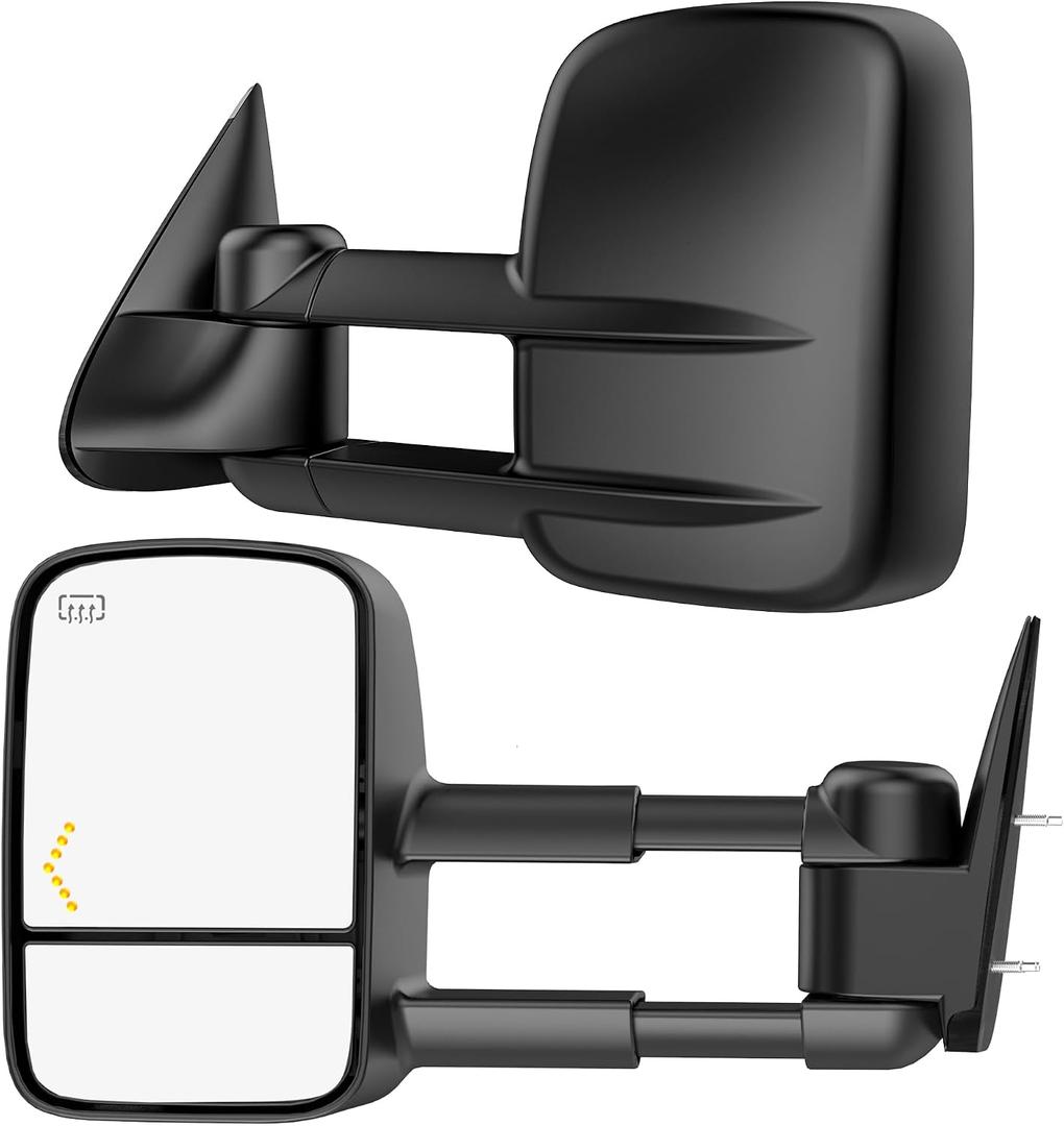 Heated Tow Mirrors Compatible with 2007-2013 Chevy Silverado & GMC Sierra (2007 New) 1500 2500 3500 HD, Tahoe Suburban Avalanche Yukon, Extended Trailer Towing Side Mirror w/LED Arrow Turn Light, Large