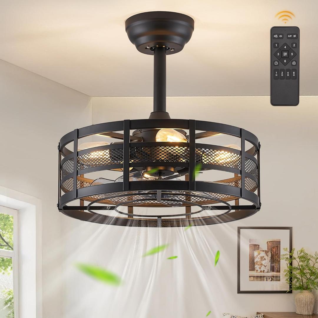 16in Caged Ceiling Fans with Lights and Remote, Black Fandelier Ceiling Fan with 6 Speeds and Timing, Farmhouse Samll Fan Lights Ceiling Fixtures For Kitchen, Bedroom, Outdoor-Black