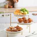 Kanwone 3 Tiered Serving Stand with White Porcelain Plates, 10" Round Tray, Dessert Table Display Set, Gold Metal Stand, Versatile & Durable