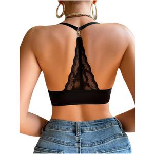 SweatyRocks Women's Push Up Bra Racerback Front Closure Bras Lace Bralette | Padded, Cleavage, Front Clasp Bras, Everyday Bras, Sexy Bralettes, Plunge Underwire Lace T Back Bras (Black), Large