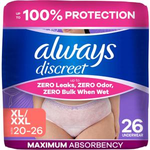 Always Discreet Adult Diapers for Women, Incontinence Underwear, Postpartum Essentials, Disposable Briefs, Max Absorbency, Bladder Leak Protection, Extra Large/XL, 26ct