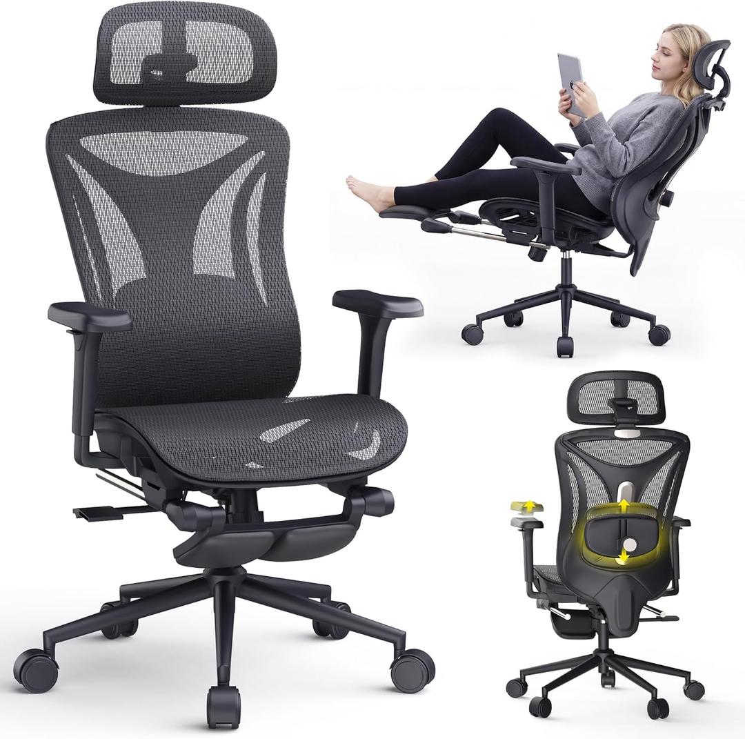 Ergonomic Office Chair with Footrest - Adjustable Lumbar Support & Headrest, 90-160 Reclining Mesh Back Computer Chair - Home Office/Gaming, 350lbs Capacity (B-Black, Mesh)
