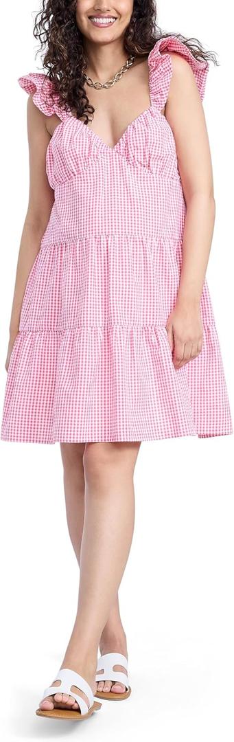Motherhood Maternity Women's Short Flutter Sleeve Tiered Pregnancy Dress (X-Large, Red/White Gingham)