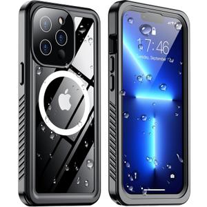 Temdan Magnetic for iPhone 13 Pro Max Case Waterproof,Built-in Screen Protector[IP68 Underwater][Upgrade Military Dropproof][Compatible with MagSafe] Full Body Shockproof Translucent Case 6.7''-Black