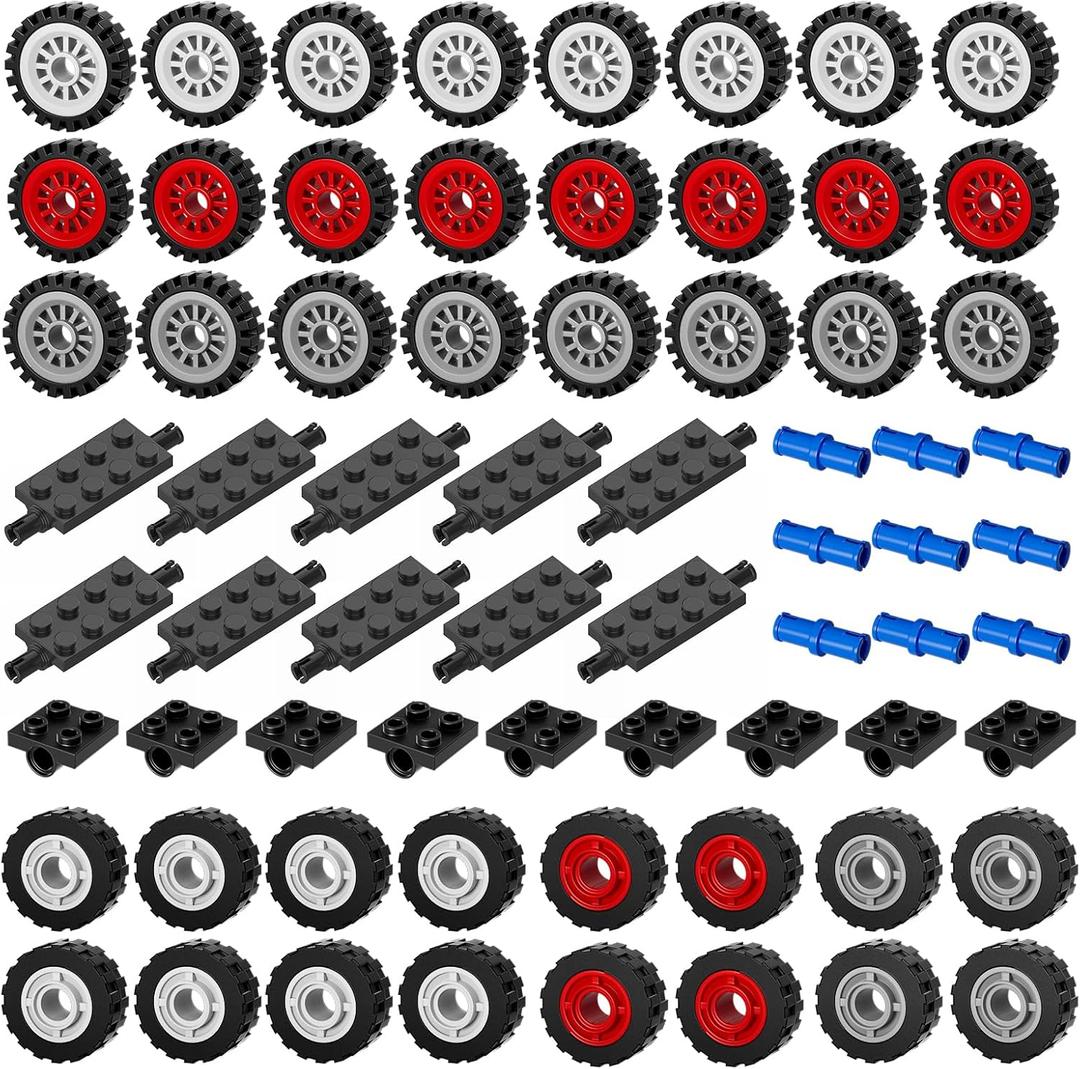 Wheels and Axles Sets Tires Building Kit, Compatible with Lego Wheels and Axles, 98 Pcs Car Parts and Classic Pieces Accessories, Bulk Bricks Sets Education Construction Toys