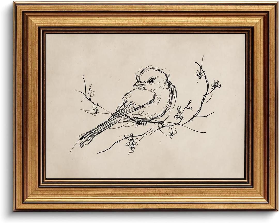 Gold Framed Wall Art Vintage Minimalist Birds Canvas Art Farmhouse Animals Picture Sketch Wall Decor Antique Prints Rustic Paintings Country Artwork for Bedroom Bathroom Living Room 8x10 Inch