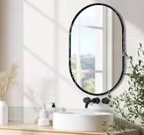 ANDY STAR Oval Mirror, 20x30 Glossy Black Bathroom Mirror, Pill Shaped Vanity Mirror for Wall, Polished Black Metal Framed Mirror Wall Mounted Vertically or Horizontally 1" Deep