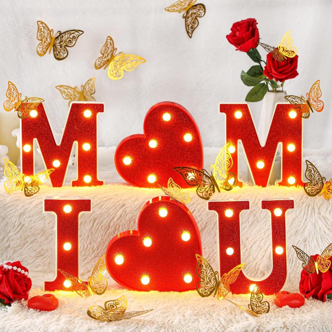 Honoson 6 Pcs Mother's Day LED Lights Light up Letters Mom Sign Battery Powered Heart Light up Letters with 12 Gold Butterflies for Mom Party Decor Night Home Family Supplies (Red)