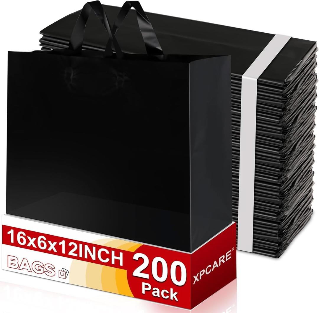 XPCARE 200Pack Frosted Plastic Gift Bags, 16x6x12 Black Plastic Shopping Bags with Handles for Small Business, Boutiques, Retail Stores, Gifts & Merchandise, 1 count