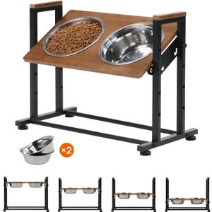 Adjustable Height Pet Feeder Stand with 2 Dishwasher-Safe Stainless Steel Bowls Brown Wood Top & Black Metal Frame Elevated Food/Water Station for Dogs/Cats Under 100LBS