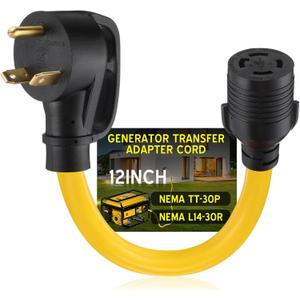 TT-30P to L14-30R 30 Amp Generator Adapter Cord Compatible with Nema, 3prong Male to 4prong Locking Female Generator Transfer Switch House Inlet Box Adapter, STW 10 Awg/3c, 1ft, Etl Listed