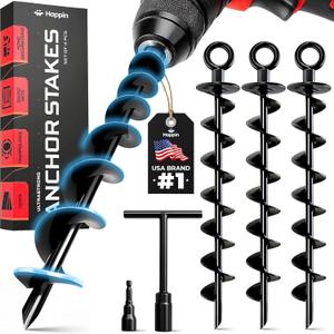 Happin Trampoline Stakes, Trampoline Accessories, Ground Stakes Heavy Duty, Ground Anchors Screw in, Rebar Stakes, Tent Anchors, Yard Spikes, Galvanized Steel (4 Pack Spiral, Black) 15 In x 8mm, Sprial – 4 Pack