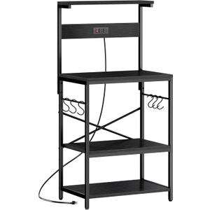 SUPERJARE Kitchen Bakers Rack with Power Outlet, Coffee Bar Table 4 Tiers, Kitchen Microwave Stand with 6 S-shaped Hooks, Storage Shelf Rack for Spices, Pots and Pans - Black (23.6 inch)