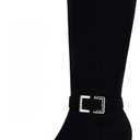Coutgo Womens Knee High Boots Stiletto Heels Suede Pointed Toe Wide Calf Metal Buckle Side Zipper Winter Boots (8.5, Black)