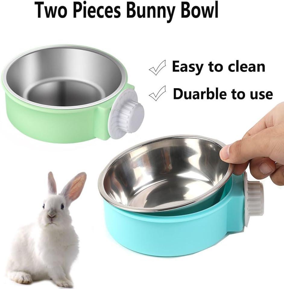 Rabbit Bowls Set, Big Pet Bunny Food Bowls Small Animals Cage Bowl and Stainless Steel Hanging Water Food Feeder Bowls for Big Bunny Food Dish (2 PCS)