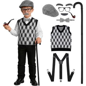 nezababy Kids 100 Days of School Costume for Boys, Old Man Costume Accessories for Kids Boys with Grandpa Vest Hat Dress Up Outfit (Large/ 10-12Y)