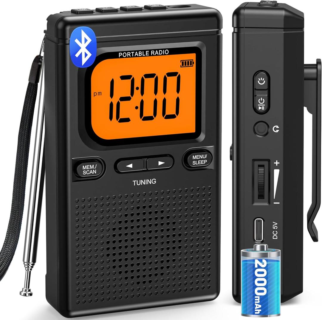 2000mAh Rechargeable AM FM Radio with Bluetooth Portable Transistor Pocket Radio with Best Reception Digital Tuning, Flashlight,LCD Screen,Earphone Jack, Sleep Timer and Alarm Clock for Jogging (Black)