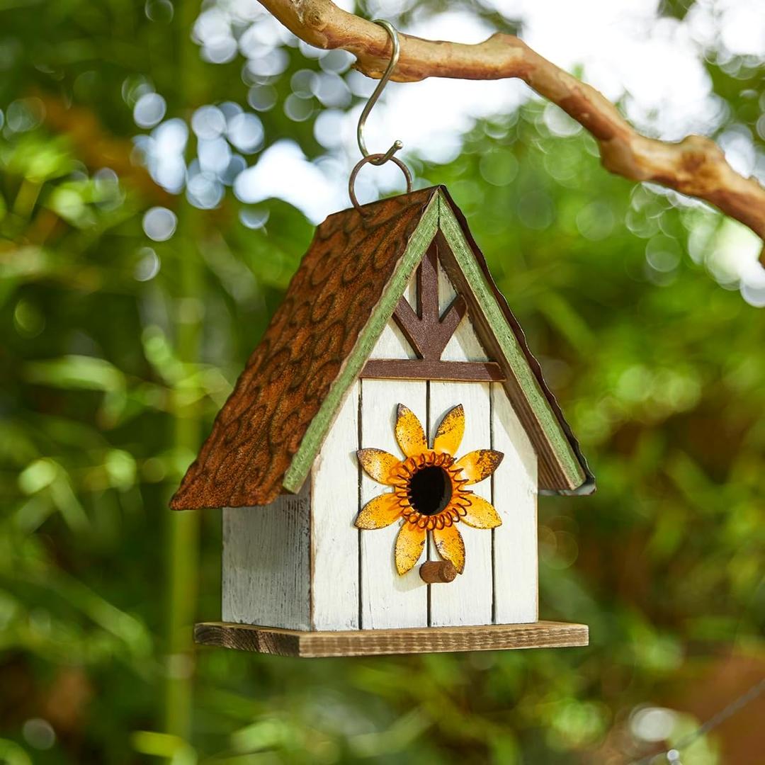 Glitzhome Bird Houses for Outside, Blue Bird Houses for Outdoors, 8.25" H Solid Wood Decorative Hanging Bird House Distressed Cottage Outdoor Garden Birdhouse with 3D Metal Roof and Flower