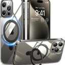 TORRAS Magnetic Ostand for iPhone 15 Pro Max Case, Military Grade Drop Tested, Compatible with MagSafe, Built in Kickstand, Clear Slim Hard Back Soft Edge 6.7" 2023, Clear Grey