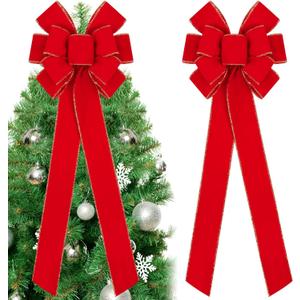 Fovths 2 Pieces Red Christmas Bows 30.7 x 10.6 Inches Large Velvet Christmas Wreath Bow with Glitter Gold Edge Christmas Tree Topper Ornament Bow for Christmas Home Indoor Outdoor Door Decor