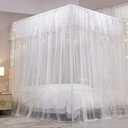 VETHIN 4 Corners Post Ruffle Princess Bed Canopy Curtain-Double Layer Cozy Drape Netting 4 Opening Mosquito Net for Girls Adults Bedroom Decoration (White/White, 59" W*82" L*82"*H/(Queen))